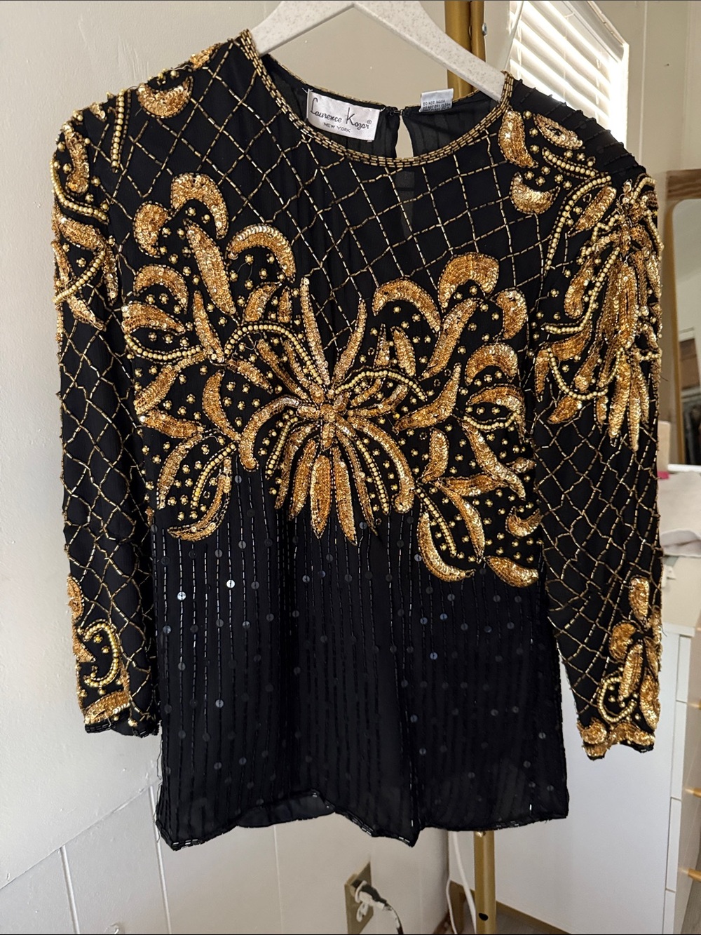 Laurence Kazar Black Top with Gold Beaded Floral Motif